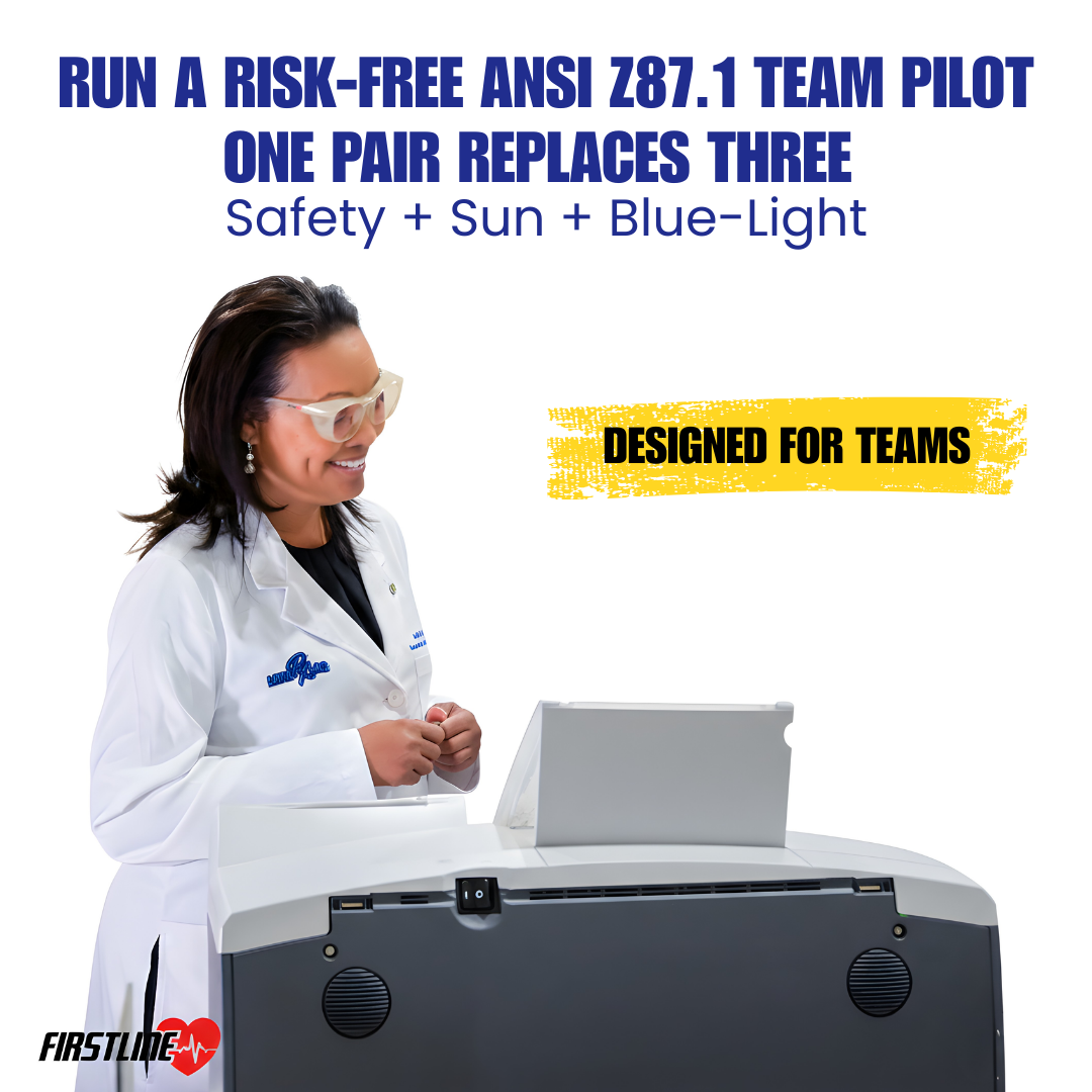 Run a Risk-Free ANSI Z87.1 Team Pilot — One Pair, Three Jobs: Safety + Sun + Blue-Light | FIRSTLINE Photochromic Safety Glasses