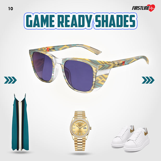 UV-Activated safety goggles with a gameday fit: dress, watch, and shoes on a white background with 'Firstline' branding.