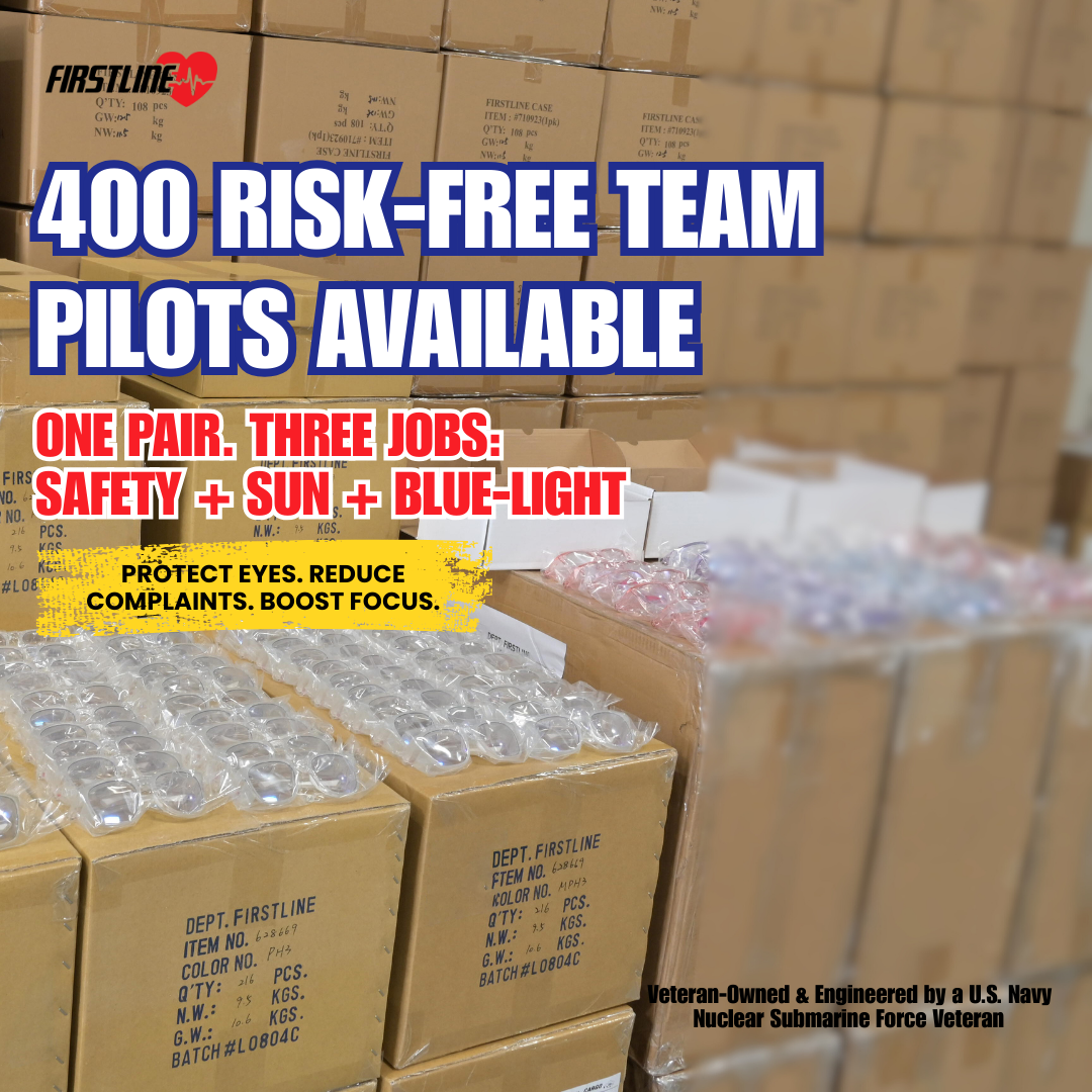 Run a Risk-Free ANSI Z87.1 Team Pilot — One Pair, Three Jobs: Safety + Sun + Blue-Light | FIRSTLINE Photochromic Safety Glasses