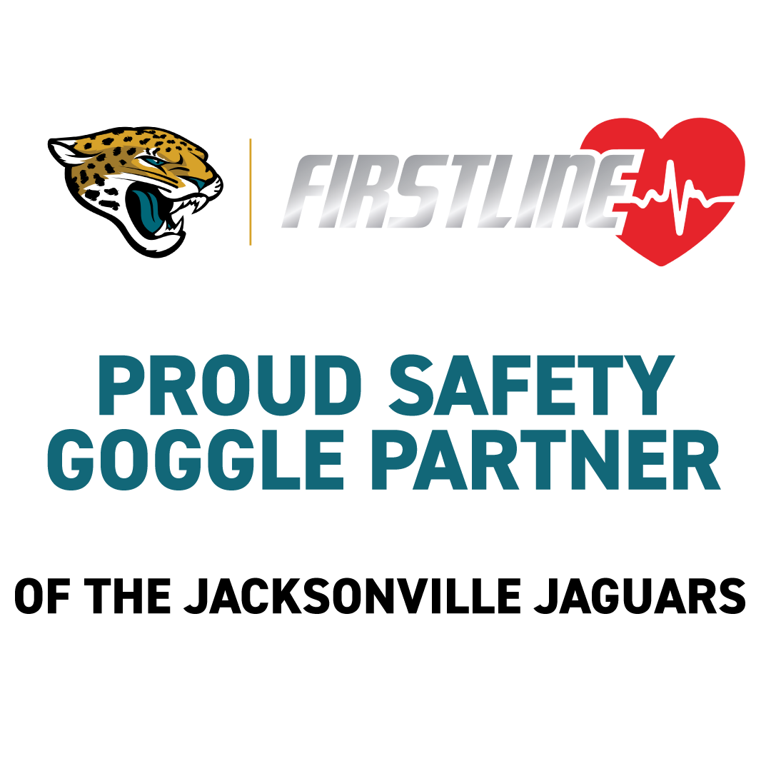 Logos of Jacksonville Jaguars and Firstline with text about safety goggles partnership on a white background