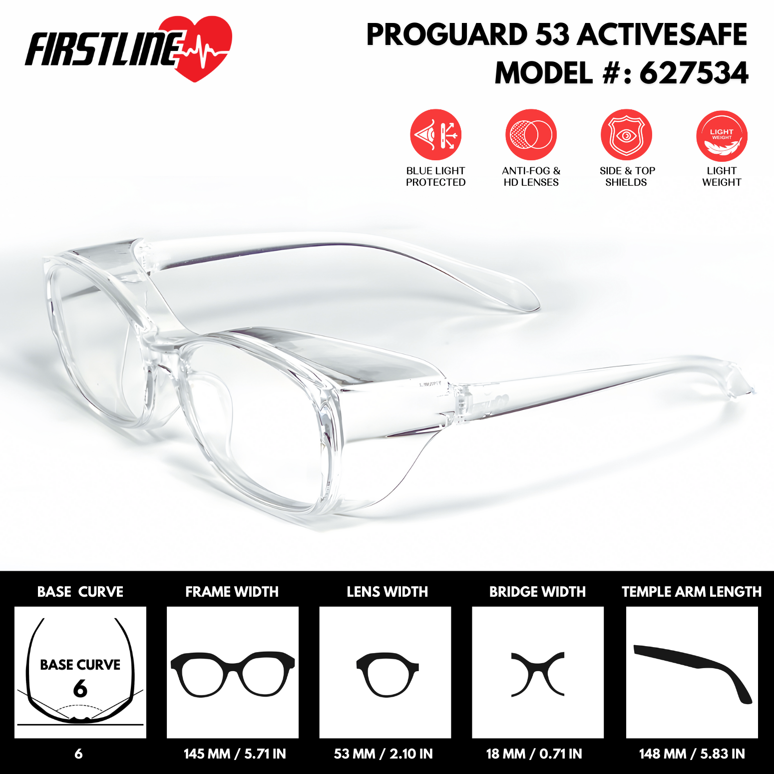 ProGuard 53 ActiveSafe - ANSI Z87.1 Certified Safety Glasses | Clear PC Lenses (Model #: 627534) | Lightweight, Scratch & Shatter-Resistant, Clear Polycarbonate Lenses, Durable Frame, Anti-Fog, Top & Side Shields, Protective Eyewear for Men Women