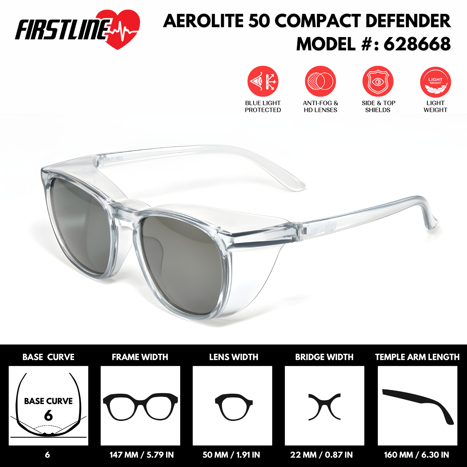 AeroLite 50 Compact Defender - ANSI Z87.1 Certified Rx Safety Glasses | Clear PC Lenses (Model #: 628668) | Lightweight, Scratch & Shatter-Resistant, Clear Poly Lens, Durable Frame, Anti-Fog, Top & Side Shields, Protective Eyewear for Men & Women