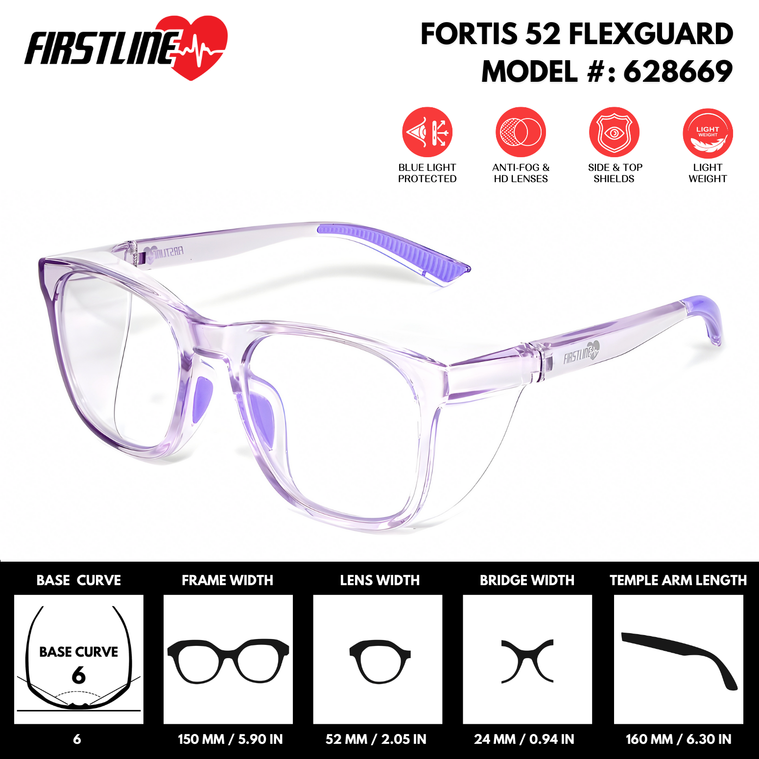 Fortis 52 FlexGuard - ANSI Z87.1 Certified Rx Safety Glasses | Clear PC Lenses (Model #: 628669 | Lightweight, Scratch &amp; Shatter-Resistant, Clear Poly Lens, Durable Frame, Anti-Fog, Top & Side Shields, Protective Eyewear for Men & Women