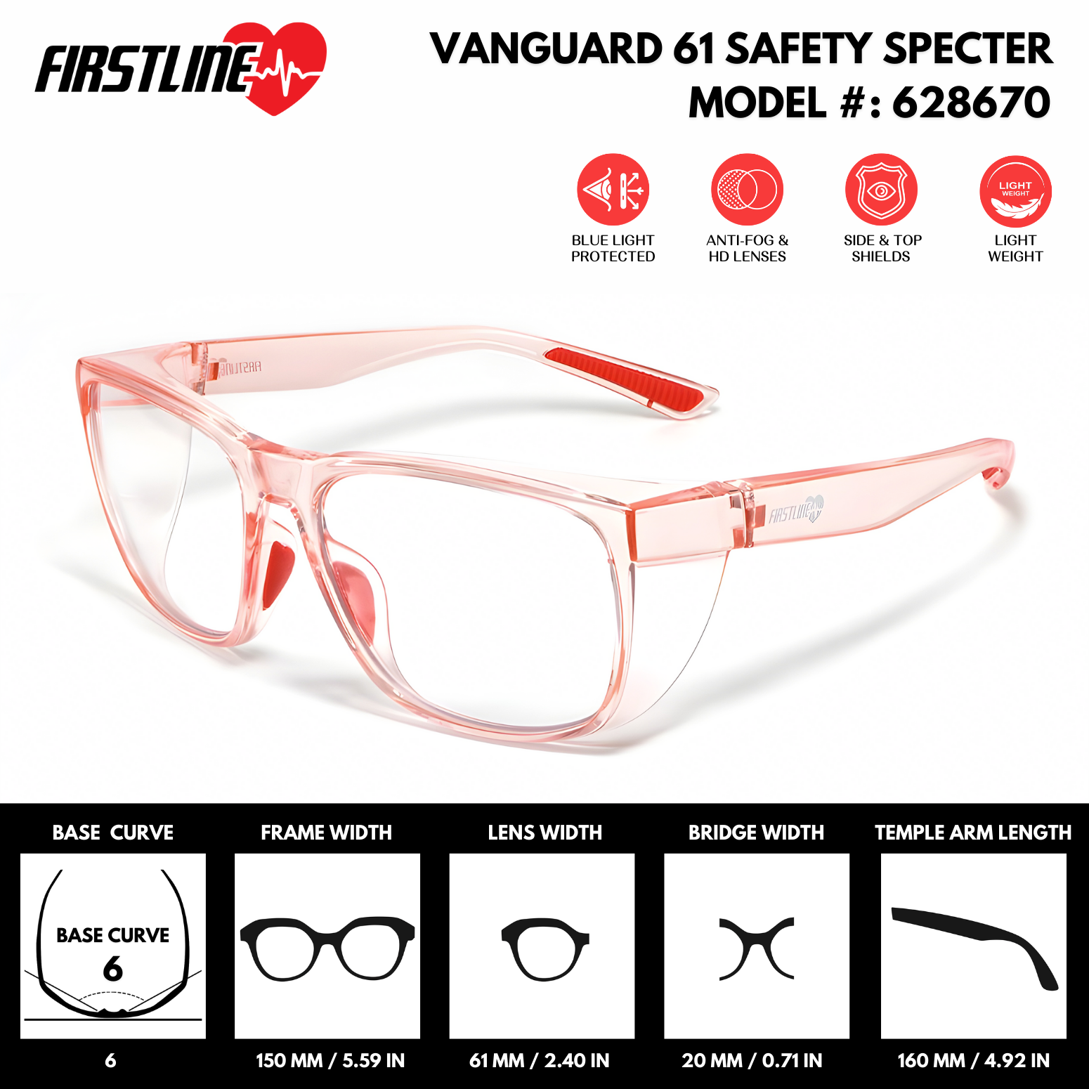 The Vanguard 61 Safety Specter - ANSI Z87.1 Certified Rx Safety Glasses | Clear PC Lenses (Model #: 628670) | Lightweight, Scratch & Shatter-Resistant, Clear Poly Lens, Durable Frame, Anti-Fog, Top & Side Shields, Protective Eyewear for Men Women