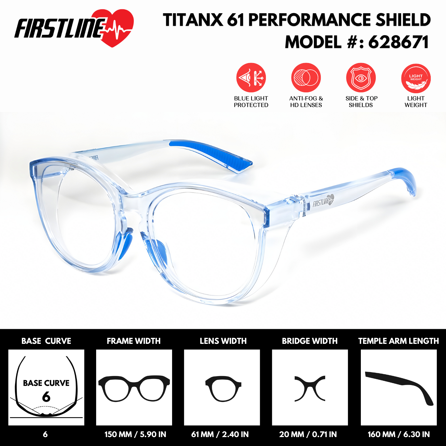 TitanX 61 Performance Shield - ANSI Z87.1 Certified Rx Safety Glasses | Clear PC Lenses (Model #: 628671) | Lightweight, Scratch & Shatter-Resistant, Clear Poly Lens, Durable Frame, Anti-Fog, Top & Side Shields, Protective Eyewear for Men Women