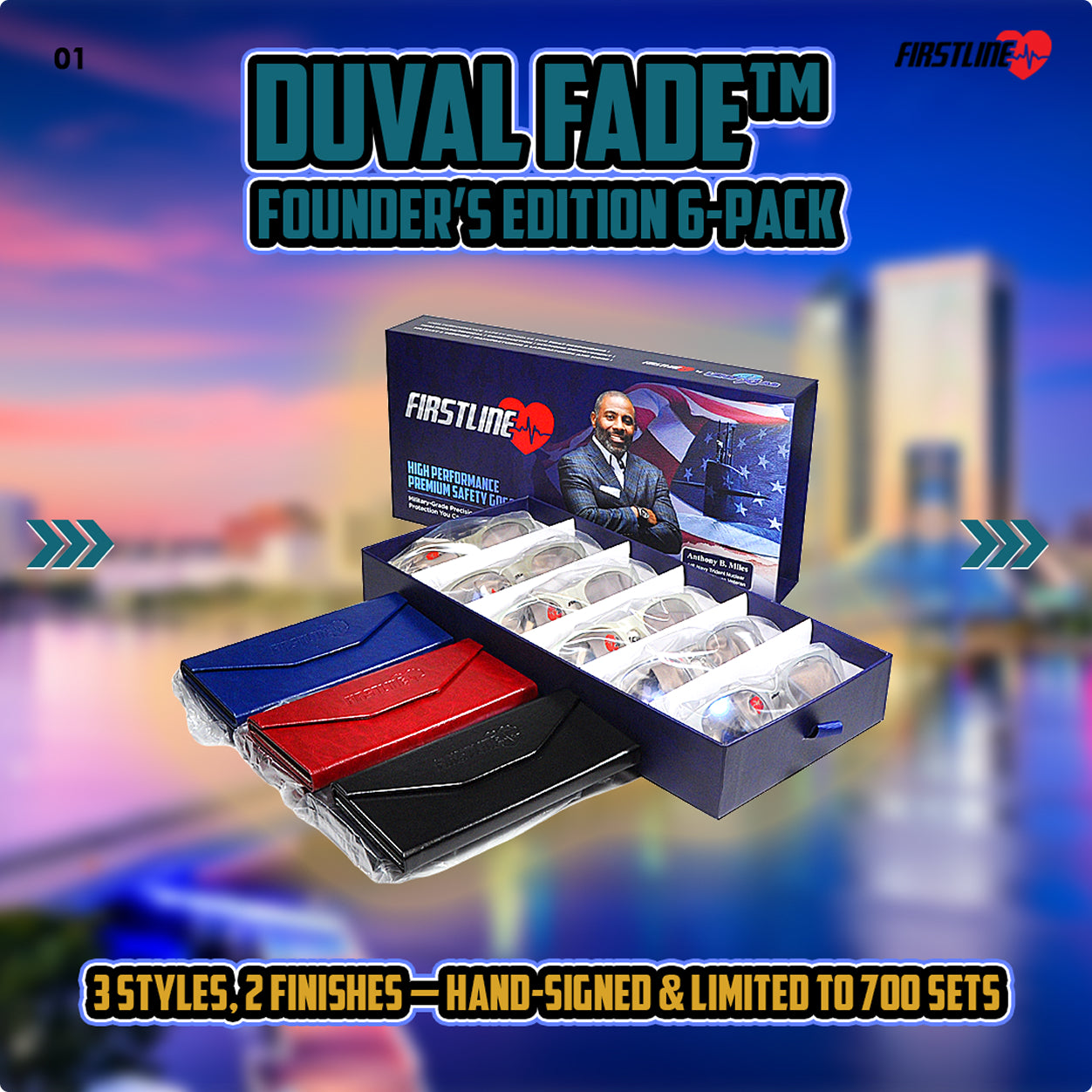 Duval Fade Founder's Edition 6-Pack with Firstline branding against a blurred cityscape background
