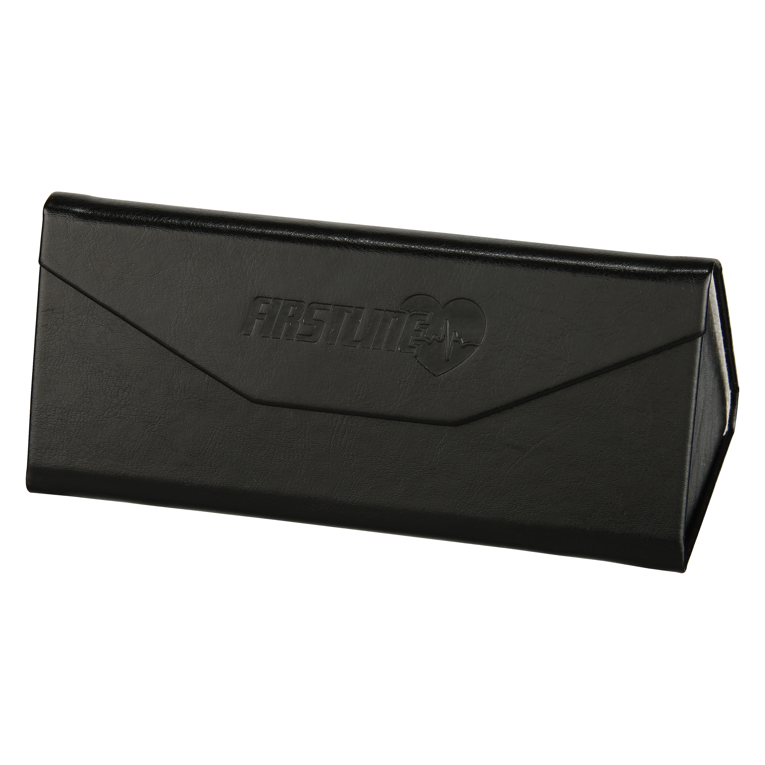 Firstline Black Embossed Folding Case with minimalist PU leather finish and magnetic closure. Features the embossed FirstLine logo and a soft interior lining to protect eyewear from scratches. Designed for professionals and active users seeking compact, durable eyewear storage.