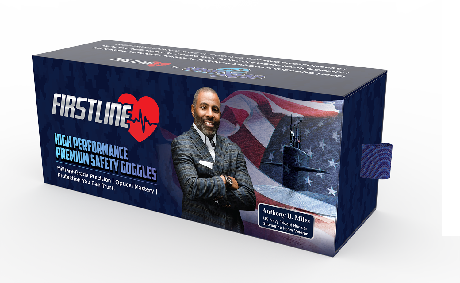 Product box for Firstline High-Performance Premium Safety Goggles featuring Anthony B. Miles, U.S. Navy Trident Nuclear Submarine Force Veteran, standing in front of a nuclear submarine. The packaging honors military service and showcases advanced ANSI Z87.1-certified safety eyewear designed for elite performance, trusted by veterans and professionals.