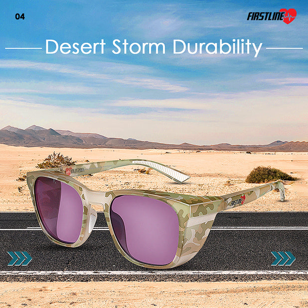 Camouflage safety goggles with photochromic lenses on a desert road background, featuring 'FIRSTLINE' branding.