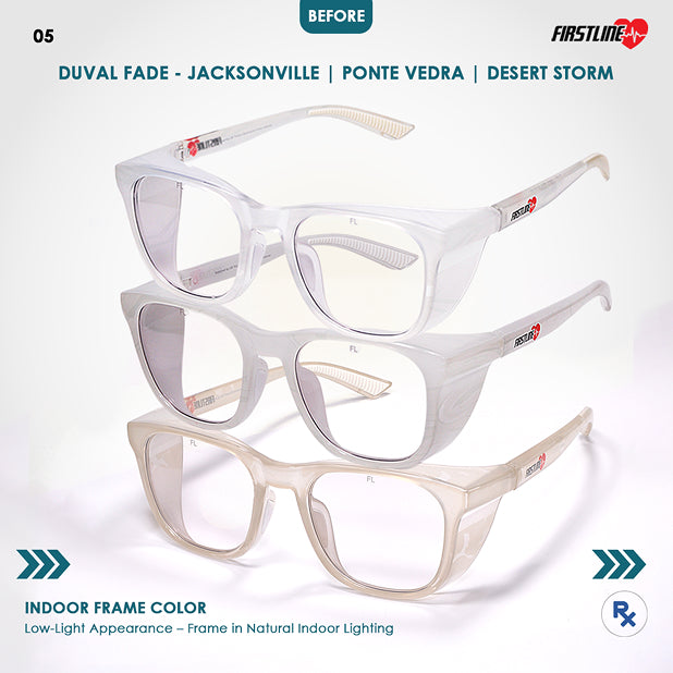 Three pairs of UV-Activated stacked safety goggles on a white background with 'Firstline' branding.