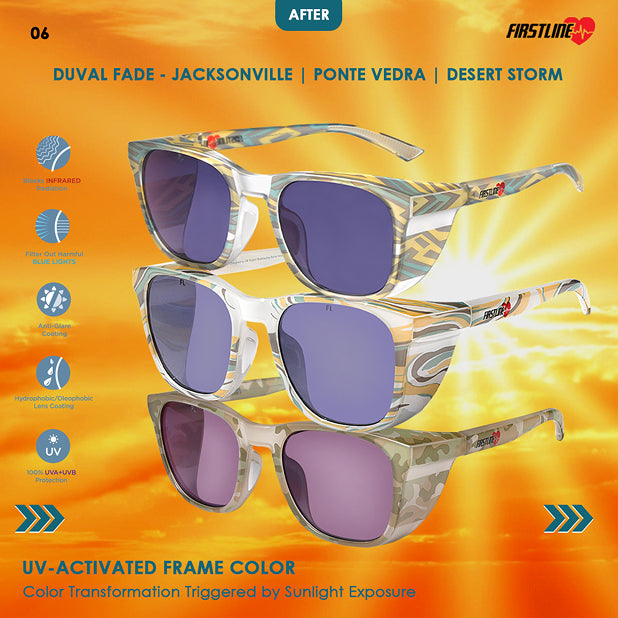 Safety goggles with UV-activated frame color on a bright orange background with 'Firstline' branding.