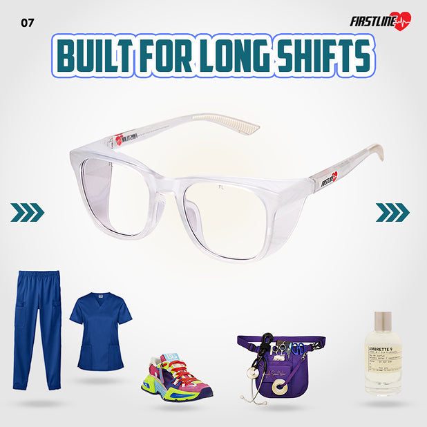 Safety goggles with collection of  healthcare work attire and accessories with 'Firstline' branding on a white background.