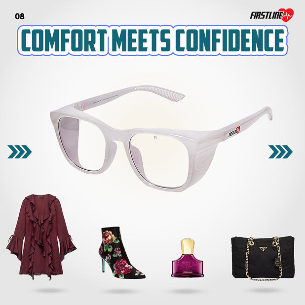 Cream safety goggles  with fashion items on a white background, featuring 'Firstline' branding.