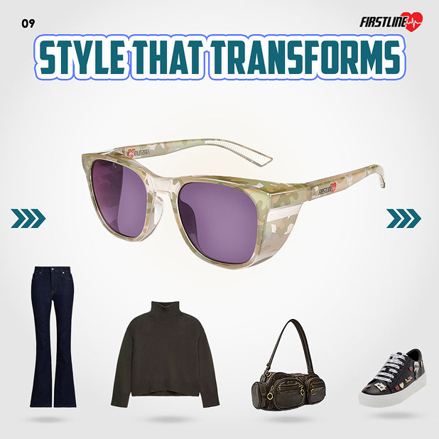 Camo safety goggles with collection of casual fashion items including pants, sweater, handbag, and shoes with 'Firstline' branding.