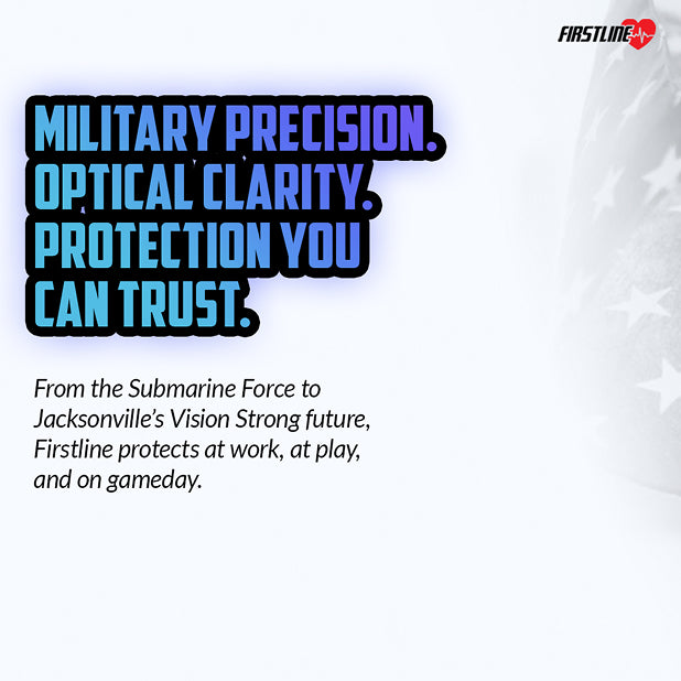 Advertisement for Firstline with text about military precision, optical clarity, and protection on a white background.