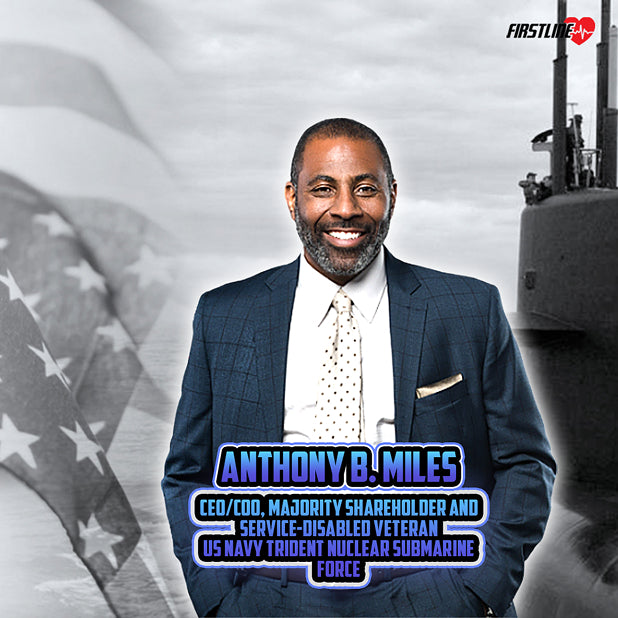 Man in a suit with text about Anthony B. Miles, CEO of a company, in front of an American flag and US Navy Trident Nuclear Submarine.