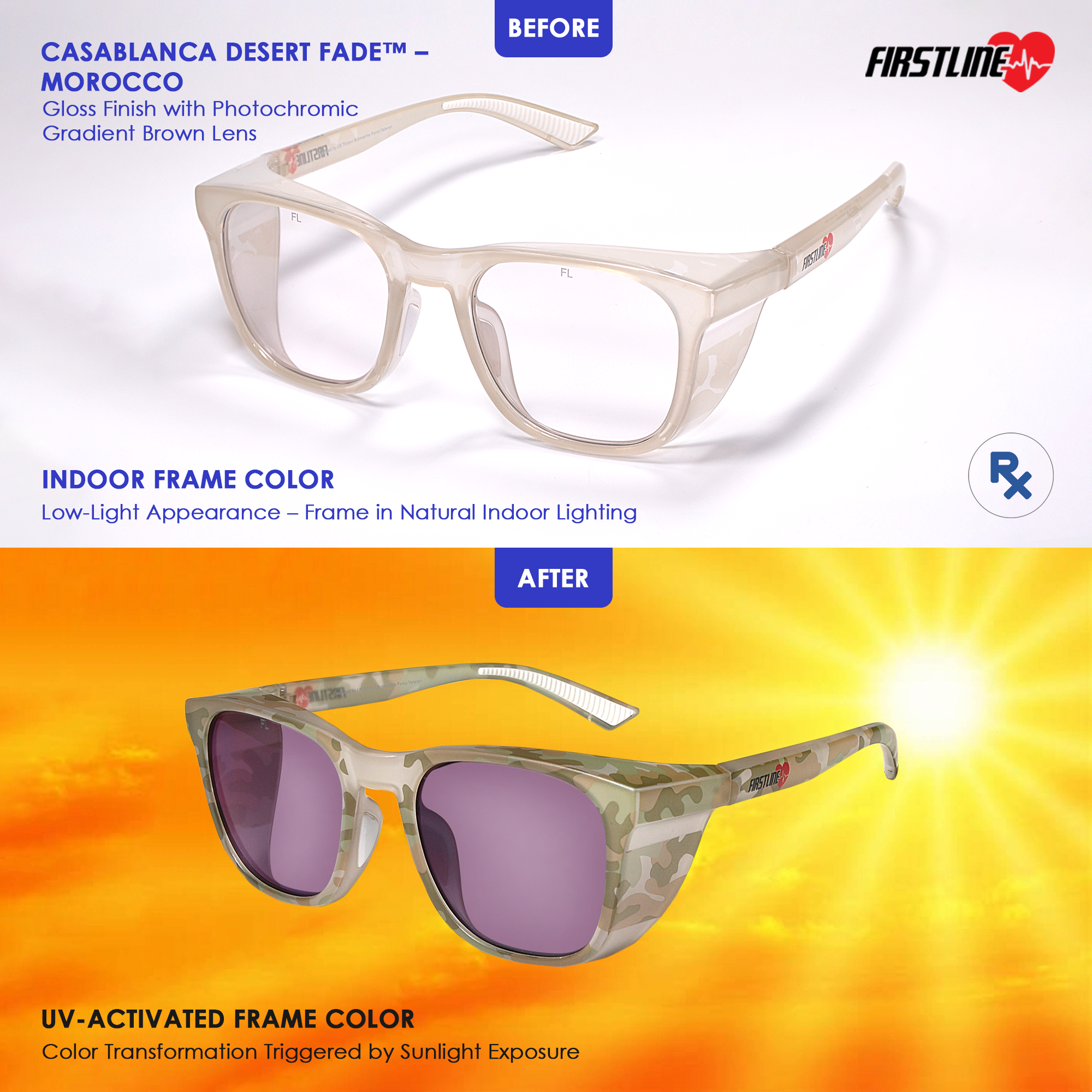 Morocco by FirstLine prescription photochromic safety glasses shown in both indoor and outdoor lighting. Indoors features a transparent light green and brown frame; outdoors reveals UV-activated tones of light green, dark green, tan, brown, and beige. ANSI Z87.1 certified with UV/IR protection and side shields, designed for light sensitivity and diabetic eye care.